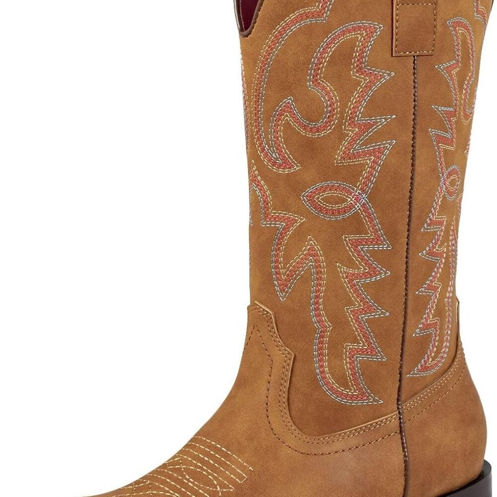 Women's Cowgirl Boots Faux Leather Western Square Toe Mid Calf Size 6